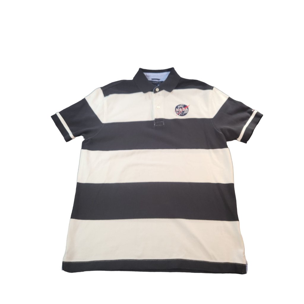 Tommy Hilfiger Nasa Polo Shirt Men Sz M Stripe Black White Rugby Preppy Workwear